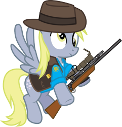 Size: 829x859 | Tagged: safe, artist:smashinator, character:derpy hooves, species:pegasus, species:pony, clothing, crossover, cutie mark, female, gun, hat, hooves, mare, optical sight, rifle, simple background, sniper, sniper rifle, solo, spread wings, team fortress 2, transparent background, weapon, wings