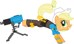Size: 1318x777 | Tagged: safe, artist:smashinator, character:applejack, species:earth pony, species:pony, g4, bucking, clothing, crossover, engineer, female, hat, mare, sentry, sentry gun, simple background, solo, team fortress 2, transparent background, turret