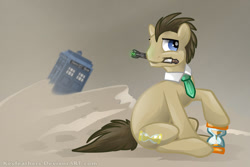 Size: 900x600 | Tagged: safe, artist:keyfeathers, character:doctor whooves, character:time turner, species:earth pony, species:pony, crossover, doctor who, hourglass, male, mouth hold, necktie, sand, solo, sonic screwdriver, tardis, the doctor