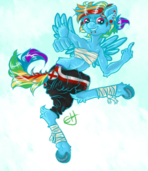 Size: 820x950 | Tagged: safe, artist:coppahhead, character:rainbow dash, species:anthro, species:unguligrade anthro, bandage, breast binding, female, hooves, middle finger, solo, vulgar
