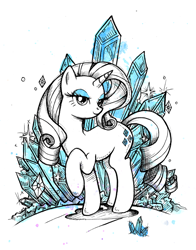 Size: 626x800 | Tagged: safe, artist:hezaa, character:rarity, species:pony, species:unicorn, crystal, diamond, female, limited palette, mare, raised hoof, selective color, solo, sparkles