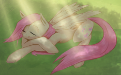 Size: 3500x2159 | Tagged: safe, artist:weisdrachen, character:fluttershy, crepuscular rays, eyes closed, female, grass, high res, prone, resting, shade, sleeping, smiling, solo