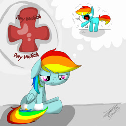 Size: 894x894 | Tagged: safe, artist:strabarybrick, character:rainbow dash, :<, arrow, bandage, female, floppy ears, frown, meme, pain, sad, sitting, skyrim, solo, the elder scrolls, thought bubble, wide eyes