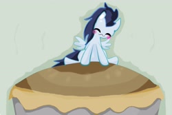 Size: 3333x2222 | Tagged: safe, artist:strabarybrick, character:soarin', chibi, cute, happy, male, pie, sitting, soarinbetes, solo, that pony sure does love pies, tongue out