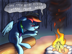 Size: 1024x768 | Tagged: safe, artist:topgull, character:rainbow dash, episode:sleepless in ponyville, g4, my little pony: friendship is magic, campfire, dialogue, female, fire, log, solo