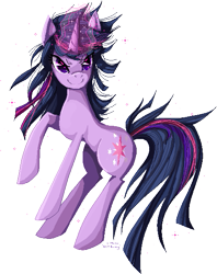 Size: 451x569 | Tagged: safe, artist:felynea, character:twilight sparkle, character:twilight sparkle (unicorn), species:pony, species:unicorn, female, glowing horn, grin, horn, magic, mare, messy mane, smiling, solo