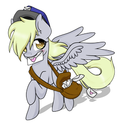 Size: 2300x2300 | Tagged: safe, artist:derpiliciouspony, character:derpy hooves, species:pegasus, species:pony, bag, blushing, clothing, female, hat, letter, mail, mailbag, mailmare, mailpony, mare, mouth hold, simple background, solo
