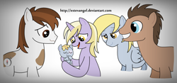 Size: 3120x1464 | Tagged: safe, artist:estevangel, character:derpy hooves, character:dinky hooves, character:doctor whooves, character:pipsqueak, character:time turner, parent:dinky hooves, parent:pipsqueak, parents:dinkysqueak, species:pegasus, species:pony, ship:dinkysqueak, equestria's best grandmother, equestria's best mother, equestria's new generation's best mother, female, foal, mare, offspring, shipping