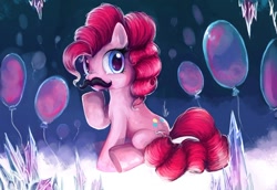 Size: 1280x879 | Tagged: safe, artist:r0b0tassassin, character:pinkie pie, species:earth pony, species:pony, balloon, crystal, female, looking at you, looking back, looking back at you, moustache, solo
