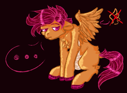 Size: 977x719 | Tagged: safe, artist:coppahhead, ask, ask ftm scootaloo, bandage, breast binding, hooves, scootaloo can't fly, solo, transgender, tumblr, unshorn fetlocks