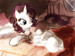Size: 936x695 | Tagged: safe, artist:r0b0tassassin, character:opalescence, character:rarity, bathrobe, bed, cat, clothing, comfy, cute, head pat, pat, robe, window