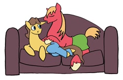 Size: 900x585 | Tagged: safe, artist:stileelits, character:big mcintosh, character:caramel, species:earth pony, species:pony, ship:caramac, clothing, couch, ear bite, gay, male, pants, shipping, stallion