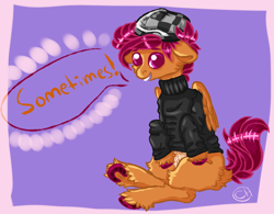 Size: 1000x778 | Tagged: safe, artist:coppahhead, character:scootaloo, ask, ask ftm scootaloo, bandage, beanie, breast binding, clothing, floppy ears, hat, hooves, solo, sweater, transgender, tumblr, unshorn fetlocks