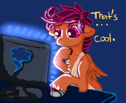 Size: 1300x1067 | Tagged: safe, artist:coppahhead, character:scootaloo, ask, ask ftm scootaloo, breast binding, computer, hooves, solo, transgender, tumblr, unshorn fetlocks