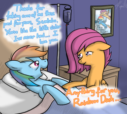 Size: 1000x900 | Tagged: safe, artist:kymsnowman, character:rainbow dash, character:scootaloo, bed, crying, older