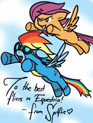 Size: 600x800 | Tagged: safe, artist:kymsnowman, character:rainbow dash, character:scootaloo, species:pegasus, species:pony, duo, flying, goggles, scootaloo can fly, wonderbolts, wonderbolts uniform