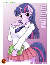 Size: 800x1040 | Tagged: safe, artist:skyraptor, character:twilight sparkle, species:anthro, species:pony, species:unicorn, ambiguous facial structure, book, breasts, clothing, cute, female, gradient background, impact font, looking at you, miniskirt, necktie, shepherd0821-ish, simple background, skirt, smiling, solo, twiabetes, white background, wide hips