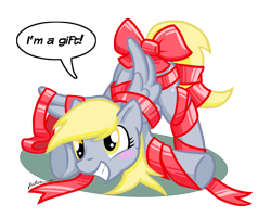 Size: 1024x819 | Tagged: safe, artist:furboz, character:derpy hooves, species:pegasus, species:pony, bow, dialogue, female, mare, present, ribbon, solo