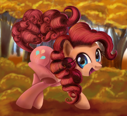 Size: 894x819 | Tagged: safe, artist:ailatf, character:pinkie pie, species:earth pony, species:pony, autumn, cute, detailed, diapinkes, featured on derpibooru, female, happy, looking at you, mare, open mouth, raised leg, smiling, solo, underhoof