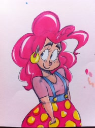 Size: 956x1280 | Tagged: safe, artist:maria-tamayo, artist:mcnuggyy, character:pinkie pie, species:human, female, humanized, light skin, solo, suspenders, thick eyebrows, traditional art