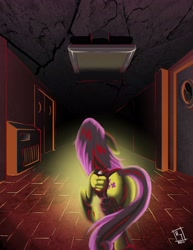 Size: 2975x3850 | Tagged: safe, artist:hitori09, character:fluttershy, species:pegasus, species:pony, butt, clothing, corridor, dark, female, mare, plot, solo, spooky