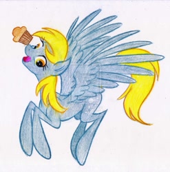 Size: 888x899 | Tagged: dead source, safe, artist:jazz-dafunk, character:derpy hooves, species:pegasus, species:pony, deviantart watermark, female, flying, mare, muffin, obtrusive watermark, solo, watermark