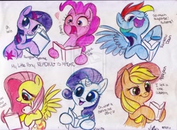 Size: 1024x753 | Tagged: dead source, safe, artist:jazz-dafunk, character:angel bunny, character:applejack, character:fluttershy, character:pinkie pie, character:rainbow dash, character:rarity, character:twilight sparkle, book, deviantart watermark, line-up, obtrusive watermark, reaction, reading, traditional art, watermark, western