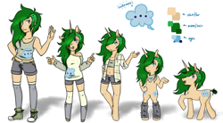 Size: 1024x564 | Tagged: safe, artist:twitchygreyfox, oc, oc only, oc:splendid sigh, species:anthro, species:human, species:pony, species:unicorn, anthro chart, anthro with ponies, bipedal, chart, clothing, humanized, line-up, reference sheet, undercut