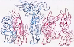 Size: 1024x659 | Tagged: dead source, safe, artist:jazz-dafunk, character:applejack, character:fluttershy, character:pinkie pie, character:rainbow dash, character:rarity, character:twilight sparkle, species:donkey, deviantart watermark, flying, monochrome, obtrusive watermark, species swap, watermark