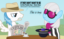 Size: 900x552 | Tagged: dead source, safe, artist:equestria-election, character:fluttershy, character:photo finish, character:trixie, episode:green isn't your color, g4, my little pony: friendship is magic, blackletter, clothing, dress, fedora, flashbulb, hat, newspaper, plum, sunglasses, the simpsons