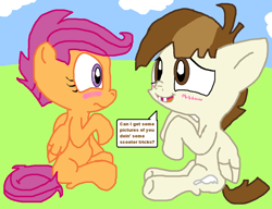 Size: 1229x942 | Tagged: safe, artist:tagman007, character:featherweight, character:scootaloo, blushing, female, male, scootaweight, shipping, straight