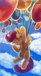 Size: 900x1680 | Tagged: safe, artist:r0b0tassassin, character:scootaloo, species:pegasus, species:pony, g4, balloon, cloud, cute, cutealoo, eyes closed, female, filly, flying, harness, signature, sky, solo, tack, young