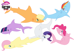 Size: 3450x2400 | Tagged: safe, artist:staticwave12, edit, character:applejack, character:fluttershy, character:pinkie pie, character:rainbow dash, character:rarity, character:twilight sparkle, appleshark, fluttershark, jaws, logo, logo edit, mane six, my little x, pinkie shark, rainbow shark, rarishark, shark, shark week, sharkified, simple background, species swap, twilight sharkle, white background