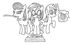 Size: 2064x1252 | Tagged: safe, artist:staticwave12, character:dj pon-3, character:lyra heartstrings, character:octavia melody, character:vinyl scratch, monochrome, sketch