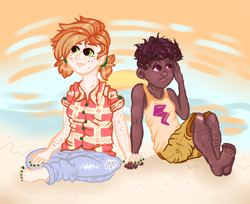 Size: 864x706 | Tagged: safe, artist:coppahhead, character:babs seed, character:scootaloo, species:human, babscoot, bandage, barefoot, beach, blushing, feet, female, freckles, humanized, lesbian, natural hair color, scar, shipping