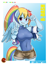 Size: 800x1040 | Tagged: safe, artist:skyraptor, character:rainbow dash, species:anthro, ambiguous facial structure, belly button, breasts, busty rainbow dash, clothing, female, jacket, leotard, peace sign, ponytail, shorts, smiling, solo, swimsuit