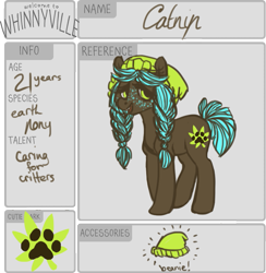 Size: 751x768 | Tagged: safe, artist:spideride, oc, oc only, oc:catnip, species:earth pony, species:pony, beanie, braid, clothing, female, freckles, hat, mare, solo