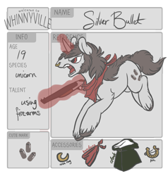 Size: 795x836 | Tagged: safe, artist:spideride, oc, oc only, oc:silver bullet, species:pony, species:unicorn, angry, bandana, gun, magic, male, nose ring, stallion, unshorn fetlocks