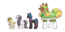 Size: 1779x890 | Tagged: safe, artist:spideride, oc, oc only, oc:airy, oc:antiquity, oc:stitch'n, species:earth pony, species:pony, angry, bandaid, bow, clothing, female, freckles, goggles, happy, mare, pigtails, simple background, smiling, socks, stitches, tail bow, transparent background