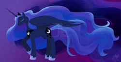 Size: 1280x653 | Tagged: dead source, safe, artist:creamy_roux, character:princess luna, species:alicorn, species:pony, eyes closed, female, jewelry, mare, night, obtrusive watermark, raised hoof, regalia, signature, sky, solo, standing, stars, watermark