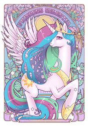 Size: 491x700 | Tagged: dead source, safe, artist:hezaa, character:princess celestia, species:alicorn, species:pony, g4, female, flower, looking at you, mare, modern art, nouveau, profile, solo