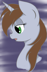 Size: 1024x1552 | Tagged: safe, artist:candy-muffin, oc, oc only, oc:littlepip, species:pony, species:unicorn, fallout equestria, abstract background, fanfic, fanfic art, female, horn, mare, open mouth, portrait, profile, solo