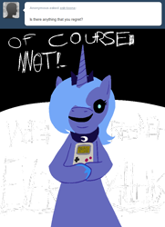Size: 650x900 | Tagged: safe, artist:poppin, character:princess luna, loony luna, ask, ask loony luna, black sclera, female, game boy, moon, s1 luna, secret message, solo, tumblr