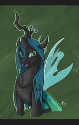 Size: 574x900 | Tagged: safe, artist:keyfeathers, character:queen chrysalis, species:changeling, changeling queen, fangs, female, frown, open mouth, signature, sitting, smiling, solo