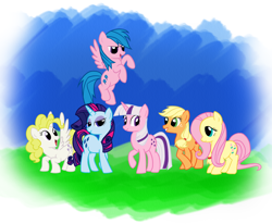 Size: 1400x1155 | Tagged: safe, artist:kymsnowman, character:applejack (g1), character:firefly, character:posey, character:sparkler (g1), character:surprise, g1, g1 six, g1 to g4, generation leap