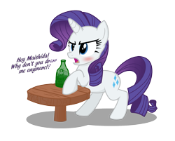 Size: 1533x1233 | Tagged: safe, artist:maishida, character:rarity, artist, bipedal leaning, blushing, dialogue, drink, drunk, drunk rarity, female, solo, table
