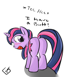Size: 400x450 | Tagged: safe, artist:billysan727, character:twilight sparkle, species:pony, species:unicorn, blushing, butts, captain obvious, cute, dialogue, dock, female, mare, plot, raised tail, simple background, smiling, solo, teehee, twiabetes, twibutt, white background