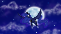 Size: 4243x2392 | Tagged: safe, artist:mlpazureglow, character:princess luna, species:alicorn, species:pony, cloud, female, flying, mare, moon, night, solo, stars