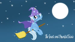 Size: 1920x1080 | Tagged: safe, artist:mlpazureglow, character:trixie, species:pony, species:unicorn, broom, female, flying, flying broomstick, full moon, looking back, mare, moon, night, night sky, open mouth, sitting, smiling, solo, sparkles, stars, wallpaper