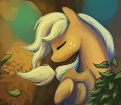 Size: 592x514 | Tagged: safe, artist:bugiling, character:applejack, autumn, eyes closed, female, leaves, solo, tree, wind